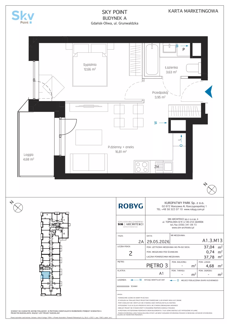 2 pokoje, apartament inwestycyjny 37,04 m², piętro 3, oferta nr A1.3M13, Sky Point - Apartamenty Inwestycyjne, Gdańsk, Oliwa, Zaspa-Rozstaje, al. Grunwaldzka