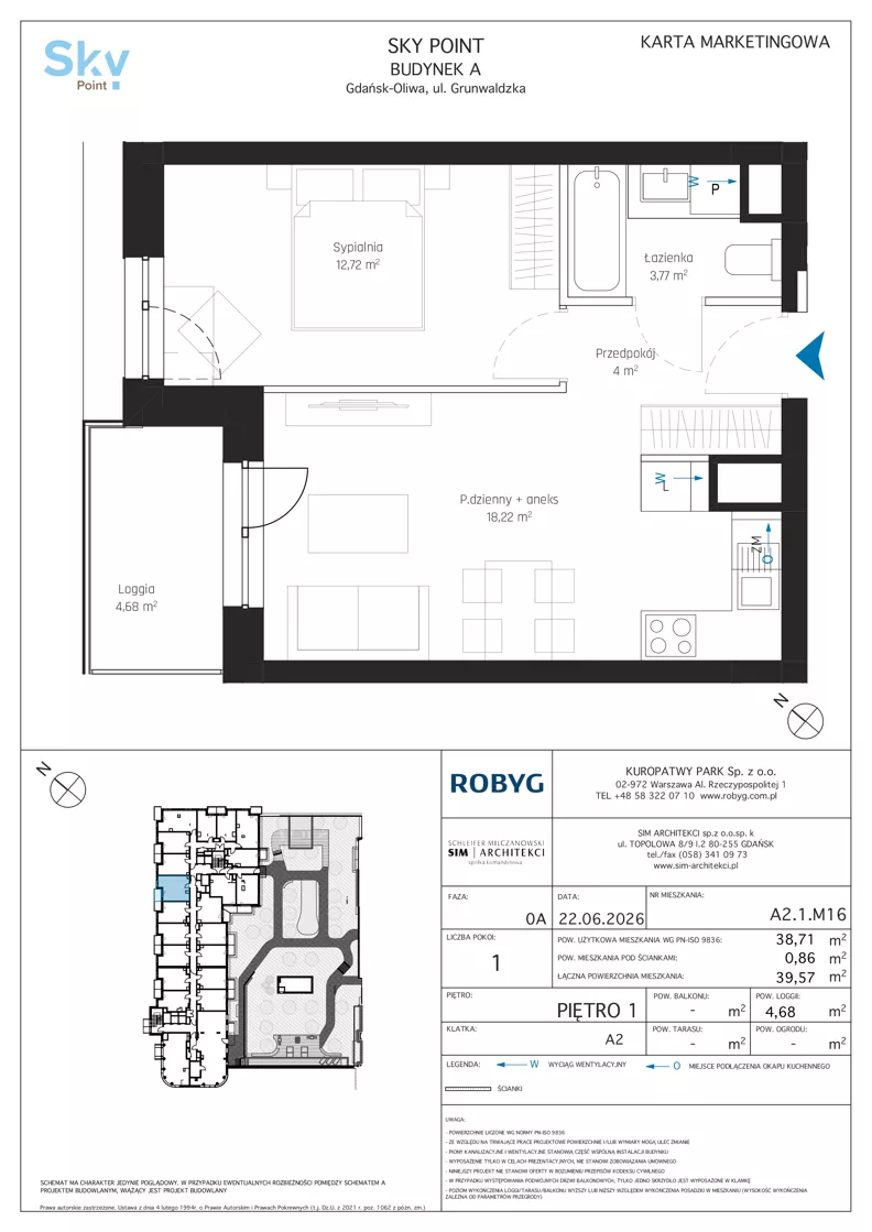2 pokoje, apartament inwestycyjny 38,71 m², piętro 1, oferta nr A2.1M16, Sky Point - Apartamenty Inwestycyjne, Gdańsk, Oliwa, Zaspa-Rozstaje, al. Grunwaldzka