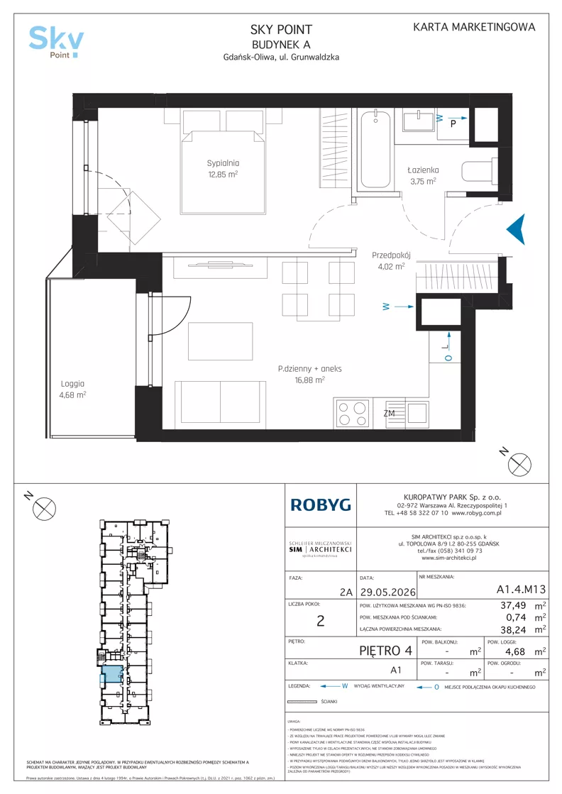 2 pokoje, apartament inwestycyjny 37,49 m², piętro 4, oferta nr A1.4M13, Sky Point - Apartamenty Inwestycyjne, Gdańsk, Oliwa, Zaspa-Rozstaje, al. Grunwaldzka