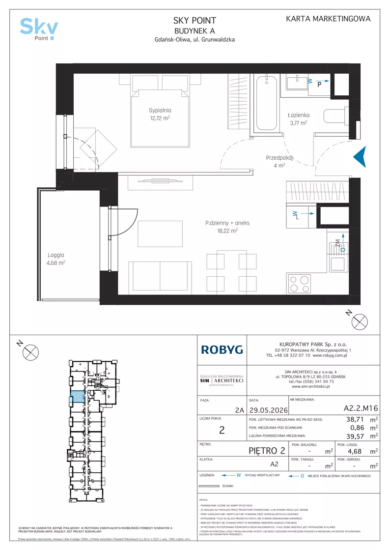 2 pokoje, apartament inwestycyjny 38,71 m², piętro 2, oferta nr A2.2M16, Sky Point - Apartamenty Inwestycyjne, Gdańsk, Oliwa, Zaspa-Rozstaje, al. Grunwaldzka