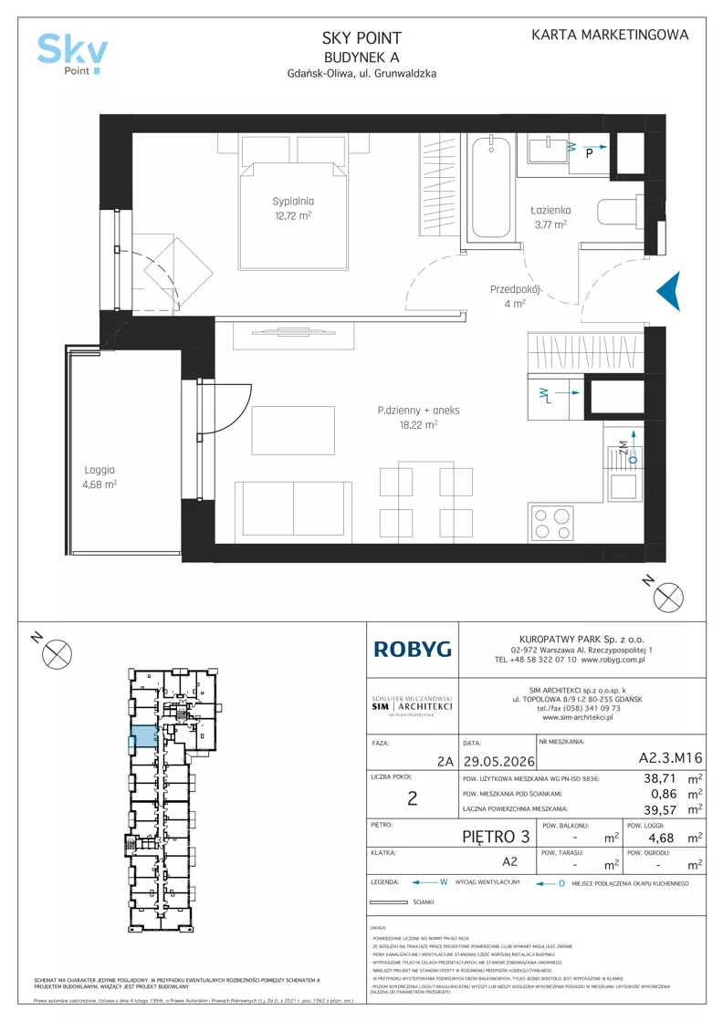 2 pokoje, apartament inwestycyjny 38,71 m², piętro 3, oferta nr A2.3M16, Sky Point - Apartamenty Inwestycyjne, Gdańsk, Oliwa, Zaspa-Rozstaje, al. Grunwaldzka