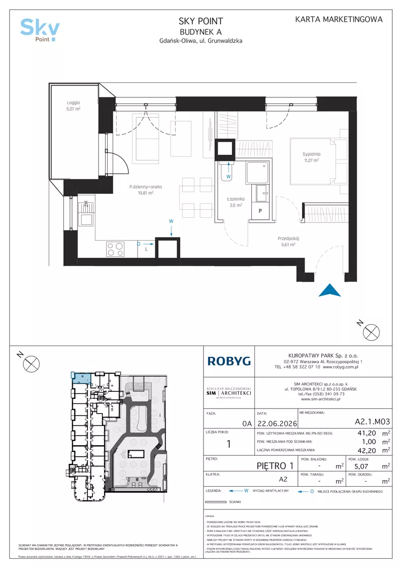 2 pokoje, apartament inwestycyjny 41,20 m², piętro 1, oferta nr A2.1M03, Sky Point - Apartamenty Inwestycyjne, Gdańsk, Oliwa, Zaspa-Rozstaje, al. Grunwaldzka