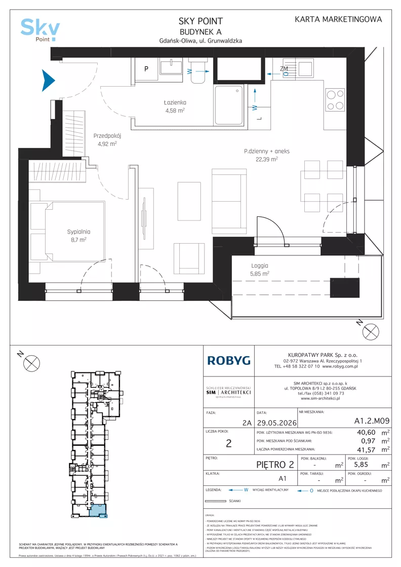 2 pokoje, apartament inwestycyjny 40,60 m², piętro 2, oferta nr A1.2M09, Sky Point - Apartamenty Inwestycyjne, Gdańsk, Oliwa, Zaspa-Rozstaje, al. Grunwaldzka