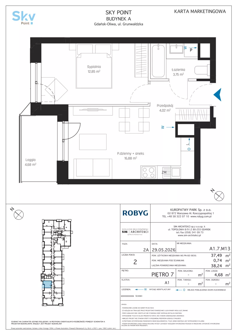 2 pokoje, apartament inwestycyjny 37,49 m², piętro 7, oferta nr A1.7M13, Sky Point - Apartamenty Inwestycyjne, Gdańsk, Oliwa, Zaspa-Rozstaje, al. Grunwaldzka