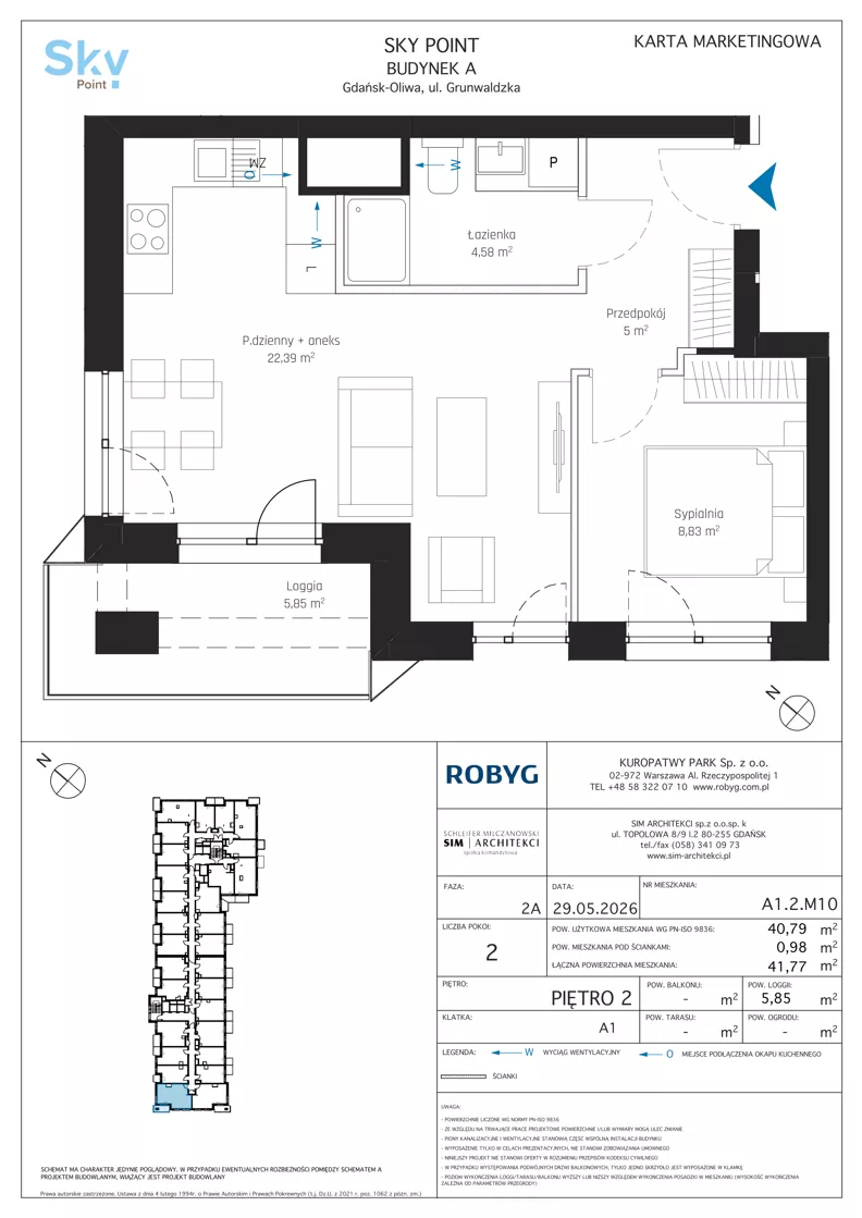 2 pokoje, apartament inwestycyjny 40,79 m², piętro 2, oferta nr A1.2M10, Sky Point - Apartamenty Inwestycyjne, Gdańsk, Oliwa, Zaspa-Rozstaje, al. Grunwaldzka