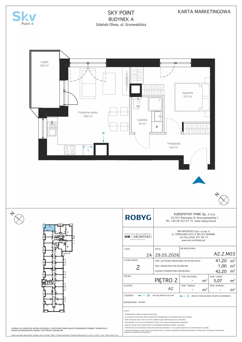 2 pokoje, apartament inwestycyjny 41,20 m², piętro 2, oferta nr A2.2M03, Sky Point - Apartamenty Inwestycyjne, Gdańsk, Oliwa, Zaspa-Rozstaje, al. Grunwaldzka