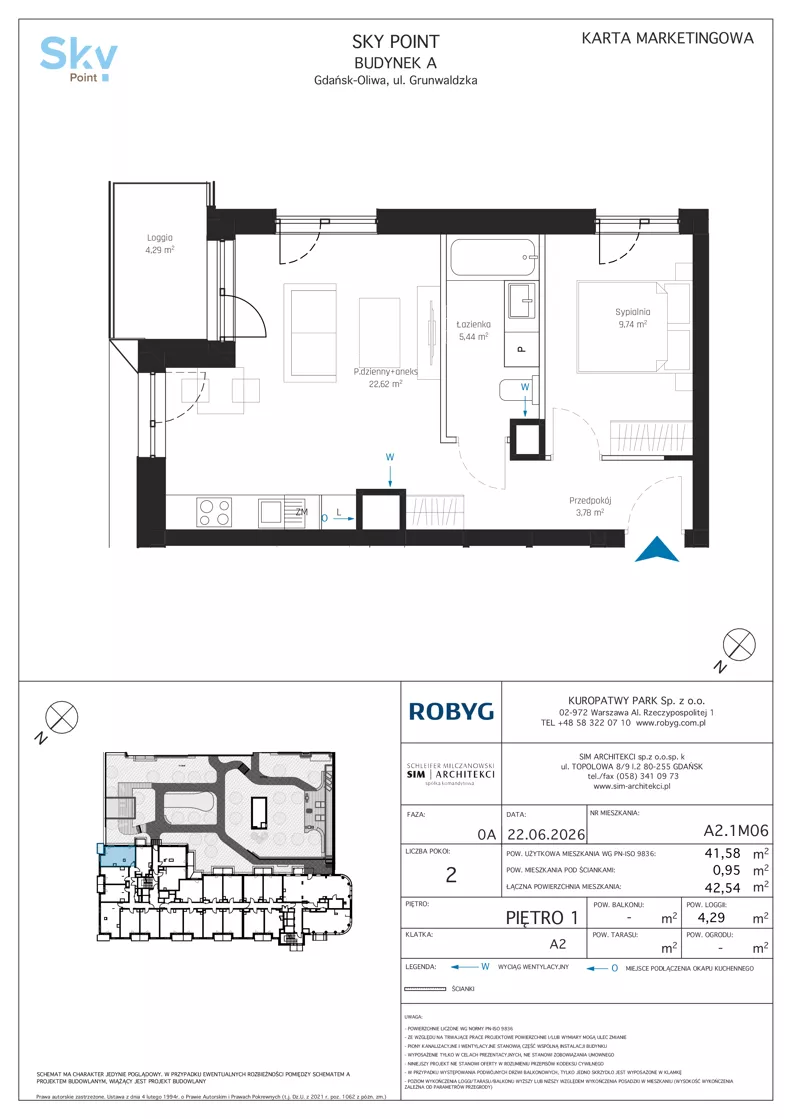 2 pokoje, apartament inwestycyjny 41,58 m², piętro 1, oferta nr A2.1M06, Sky Point - Apartamenty Inwestycyjne, Gdańsk, Oliwa, Zaspa-Rozstaje, al. Grunwaldzka