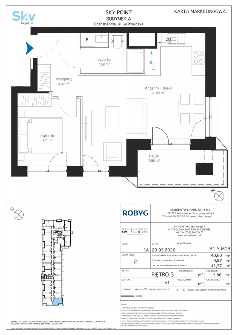 2 pokoje, apartament inwestycyjny 40,60 m², piętro 3, oferta nr A1.3M09, Sky Point - Apartamenty Inwestycyjne, Gdańsk, Oliwa, Zaspa-Rozstaje, al. Grunwaldzka