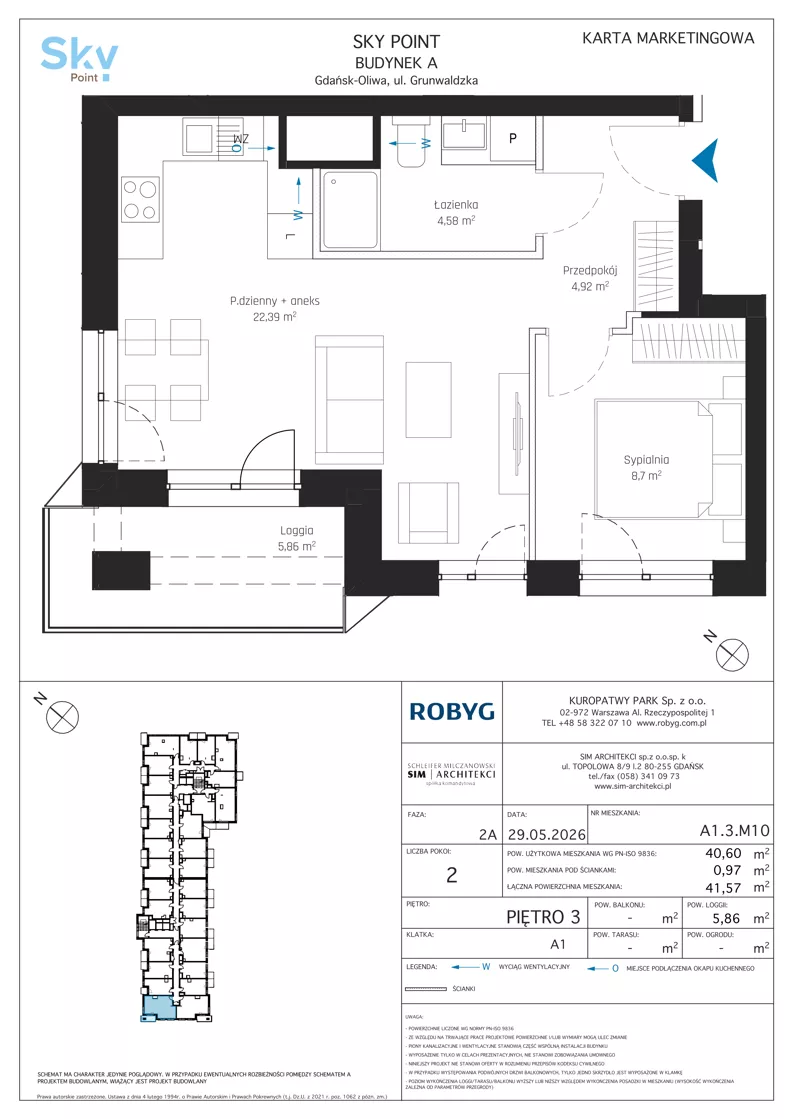 2 pokoje, apartament inwestycyjny 40,60 m², piętro 3, oferta nr A1.3M10, Sky Point - Apartamenty Inwestycyjne, Gdańsk, Oliwa, Zaspa-Rozstaje, al. Grunwaldzka