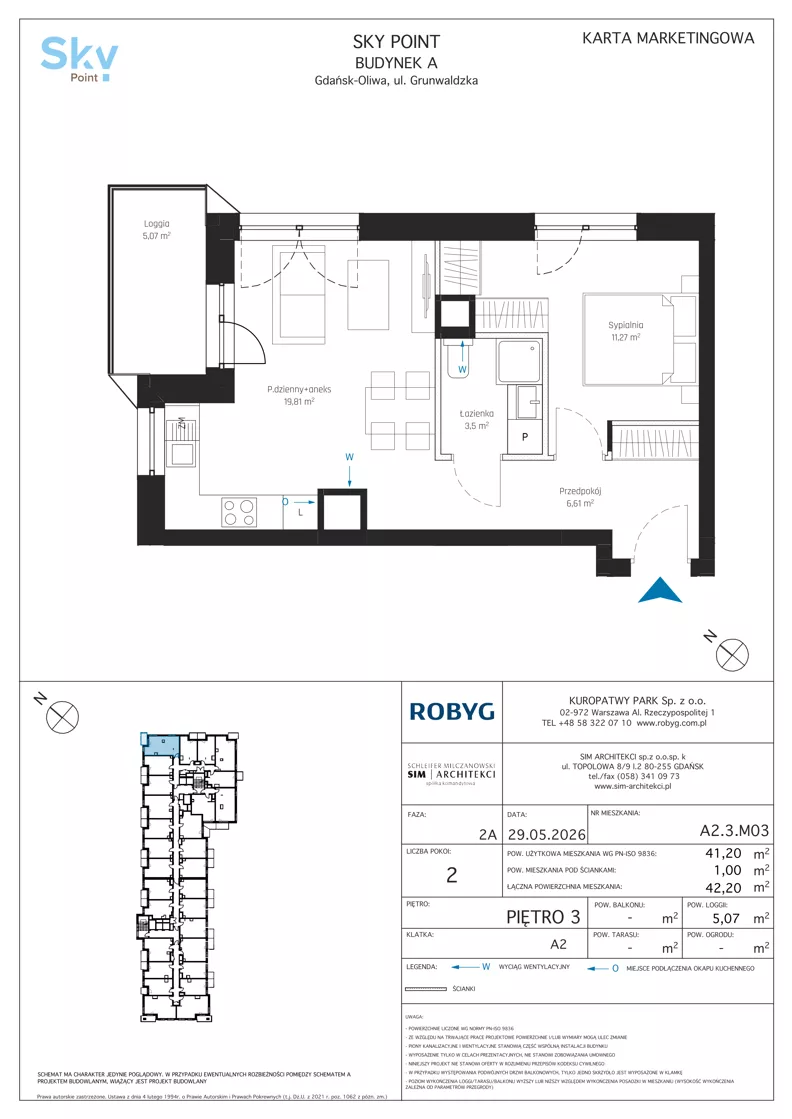 2 pokoje, apartament inwestycyjny 41,20 m², piętro 3, oferta nr A2.3M03, Sky Point - Apartamenty Inwestycyjne, Gdańsk, Oliwa, Zaspa-Rozstaje, al. Grunwaldzka
