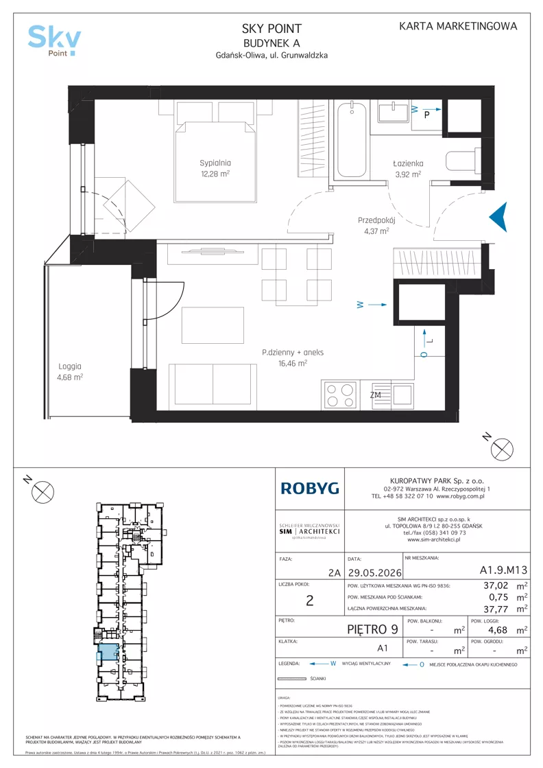 2 pokoje, apartament inwestycyjny 37,02 m², piętro 9, oferta nr A1.9M13, Sky Point - Apartamenty Inwestycyjne, Gdańsk, Oliwa, Zaspa-Rozstaje, al. Grunwaldzka