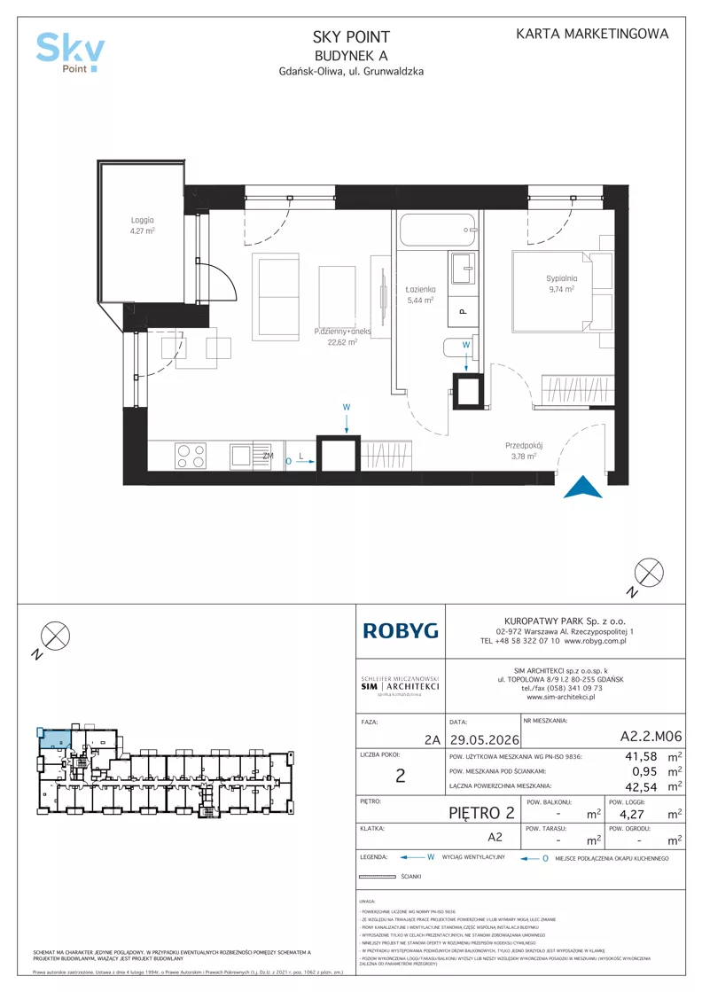 2 pokoje, apartament inwestycyjny 41,58 m², piętro 2, oferta nr A2.2M06, Sky Point - Apartamenty Inwestycyjne, Gdańsk, Oliwa, Zaspa-Rozstaje, al. Grunwaldzka