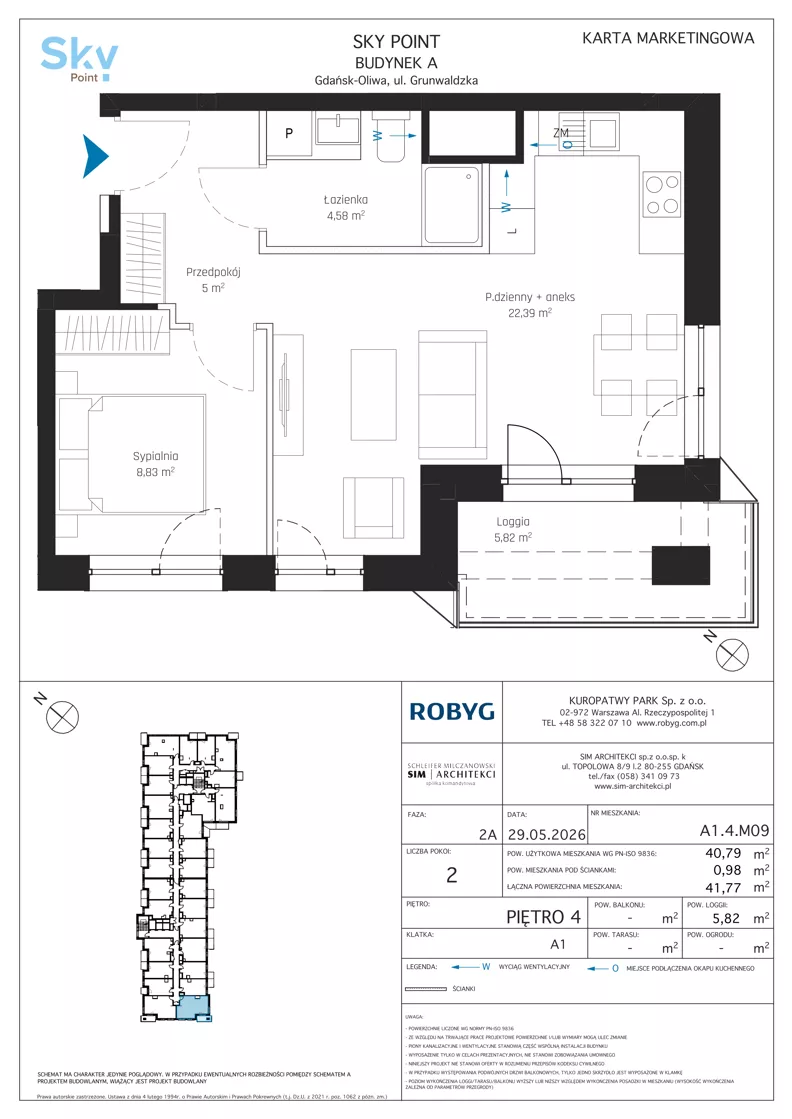 2 pokoje, apartament inwestycyjny 40,79 m², piętro 4, oferta nr A1.4M09, Sky Point - Apartamenty Inwestycyjne, Gdańsk, Oliwa, Zaspa-Rozstaje, al. Grunwaldzka