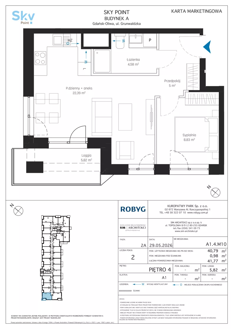 2 pokoje, apartament inwestycyjny 40,79 m², piętro 4, oferta nr A1.4M10, Sky Point - Apartamenty Inwestycyjne, Gdańsk, Oliwa, Zaspa-Rozstaje, al. Grunwaldzka