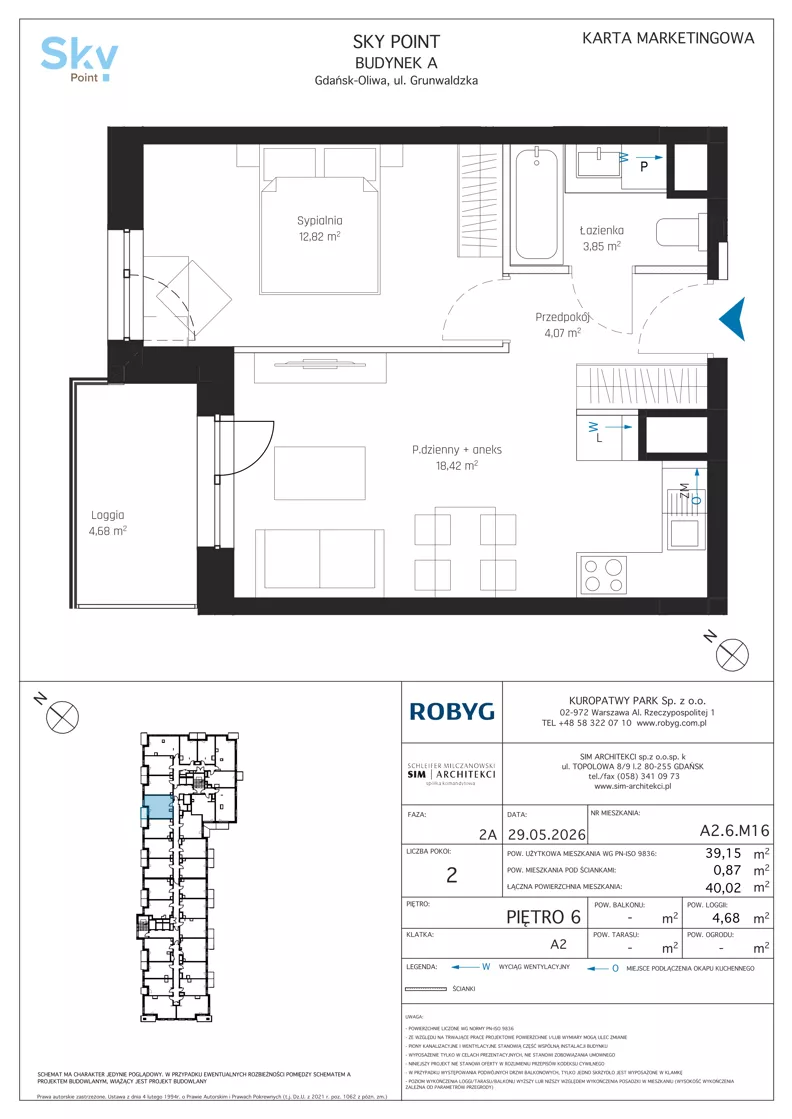 2 pokoje, apartament inwestycyjny 39,15 m², piętro 6, oferta nr A2.6M16, Sky Point - Apartamenty Inwestycyjne, Gdańsk, Oliwa, Zaspa-Rozstaje, al. Grunwaldzka