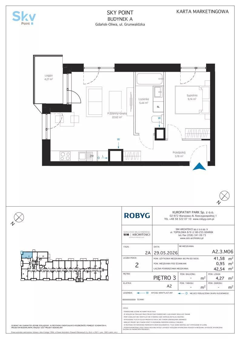 2 pokoje, apartament inwestycyjny 41,58 m², piętro 3, oferta nr A2.3M06, Sky Point - Apartamenty Inwestycyjne, Gdańsk, Oliwa, Zaspa-Rozstaje, al. Grunwaldzka