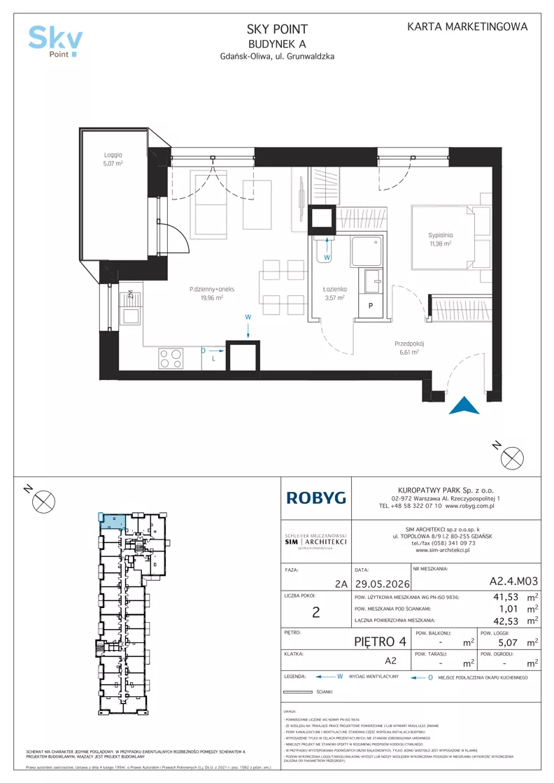 2 pokoje, apartament inwestycyjny 41,53 m², piętro 4, oferta nr A2.4M03, Sky Point - Apartamenty Inwestycyjne, Gdańsk, Oliwa, Zaspa-Rozstaje, al. Grunwaldzka