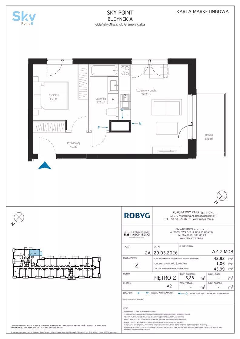 2 pokoje, apartament inwestycyjny 42,92 m², piętro 2, oferta nr A2.2M08, Sky Point - Apartamenty Inwestycyjne, Gdańsk, Oliwa, Zaspa-Rozstaje, al. Grunwaldzka