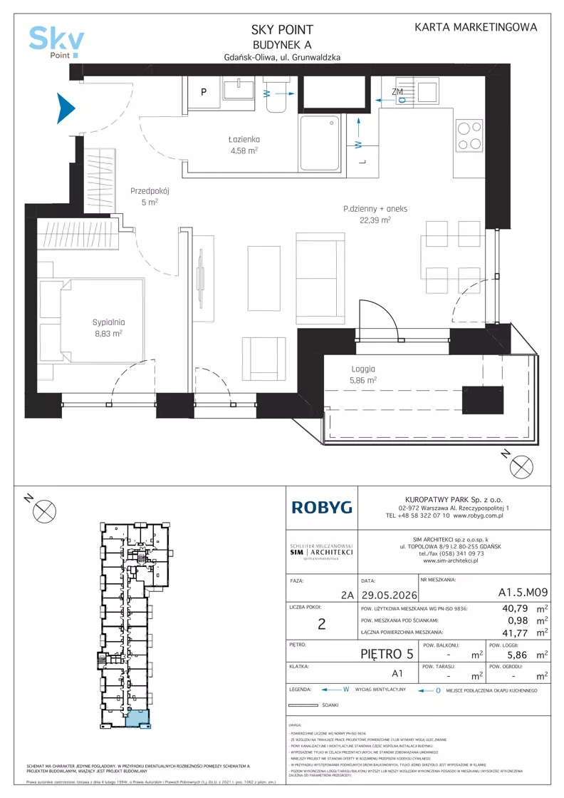 2 pokoje, apartament inwestycyjny 40,79 m², piętro 5, oferta nr A1.5M09, Sky Point - Apartamenty Inwestycyjne, Gdańsk, Oliwa, Zaspa-Rozstaje, al. Grunwaldzka