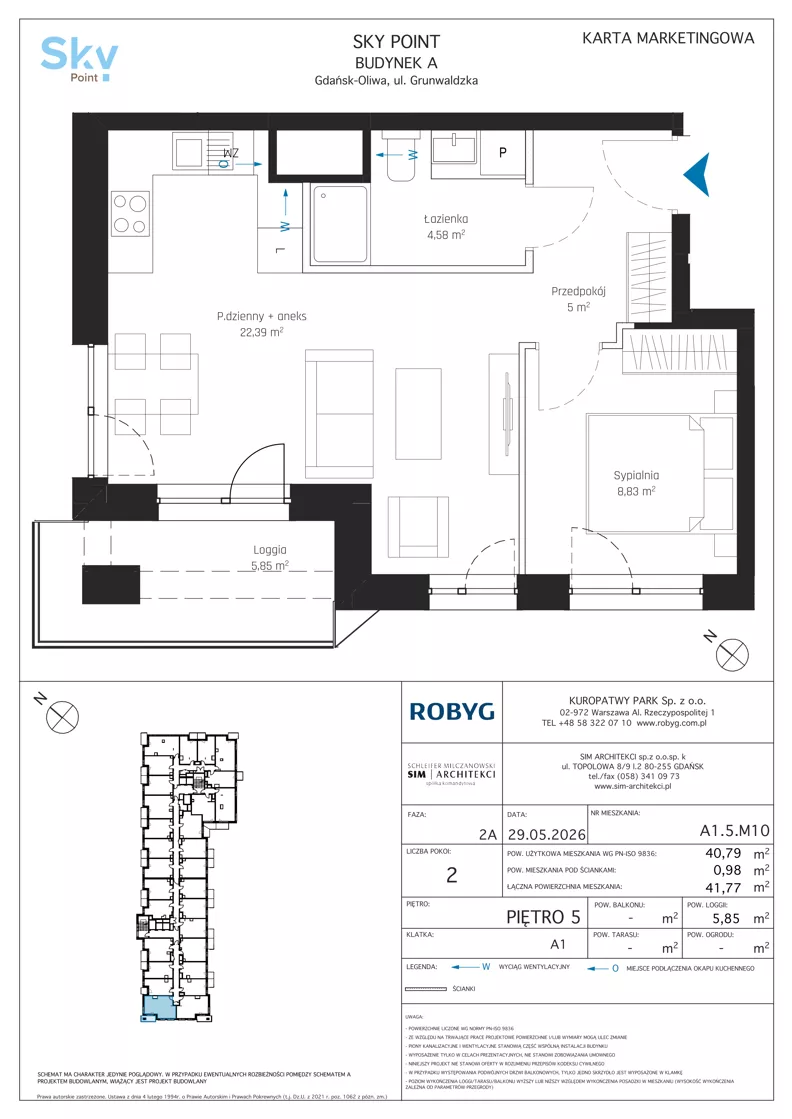 2 pokoje, apartament inwestycyjny 40,79 m², piętro 5, oferta nr A1.5M10, Sky Point - Apartamenty Inwestycyjne, Gdańsk, Oliwa, Zaspa-Rozstaje, al. Grunwaldzka