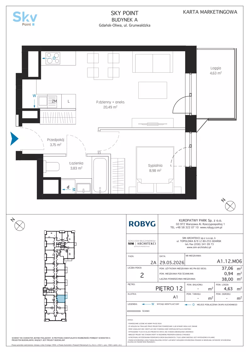 2 pokoje, apartament inwestycyjny 37,06 m², piętro 12, oferta nr A1.12M06, Sky Point - Apartamenty Inwestycyjne, Gdańsk, Oliwa, Zaspa-Rozstaje, al. Grunwaldzka