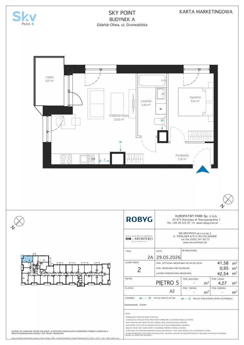 2 pokoje, apartament inwestycyjny 41,58 m², piętro 5, oferta nr A2.5M06, Sky Point - Apartamenty Inwestycyjne, Gdańsk, Oliwa, Zaspa-Rozstaje, al. Grunwaldzka