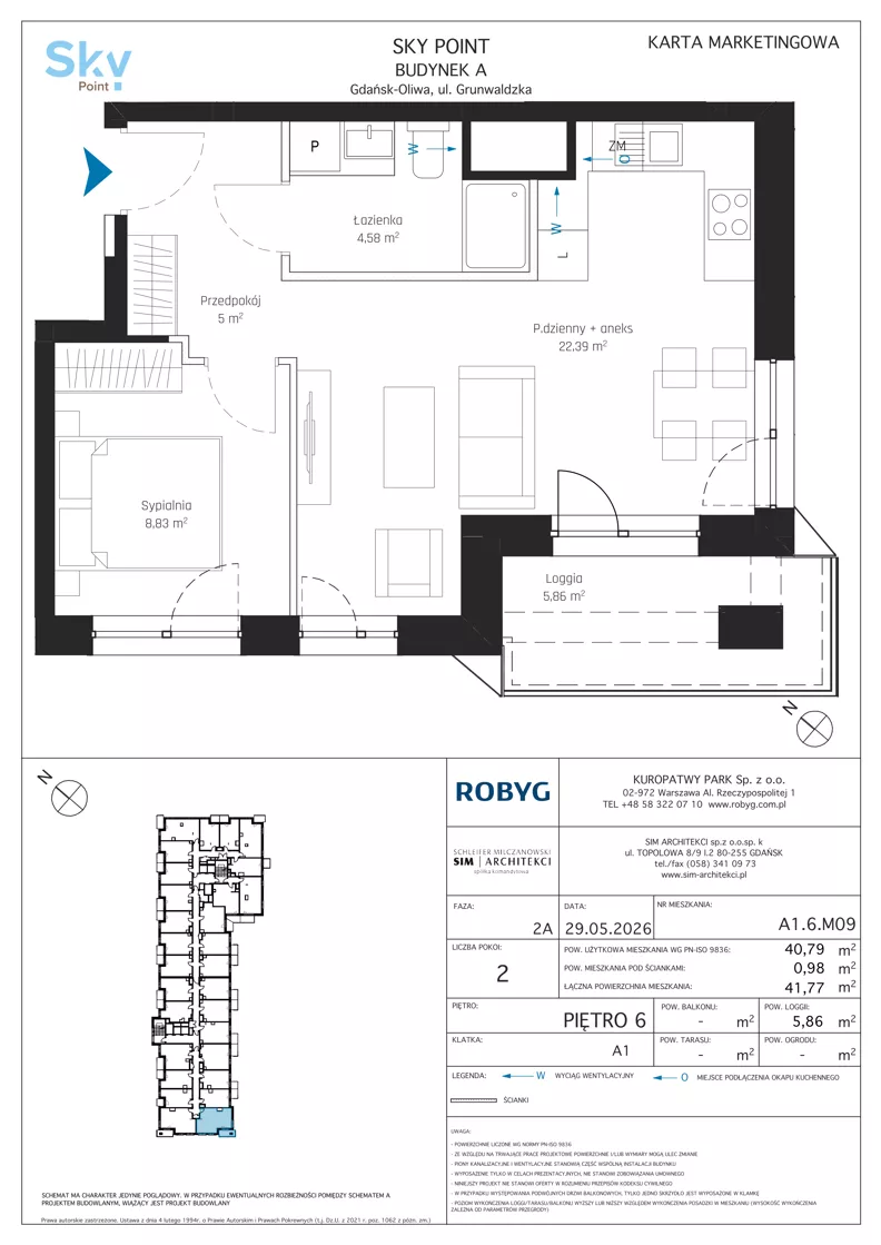 2 pokoje, apartament inwestycyjny 40,79 m², piętro 6, oferta nr A1.6M09, Sky Point - Apartamenty Inwestycyjne, Gdańsk, Oliwa, Zaspa-Rozstaje, al. Grunwaldzka