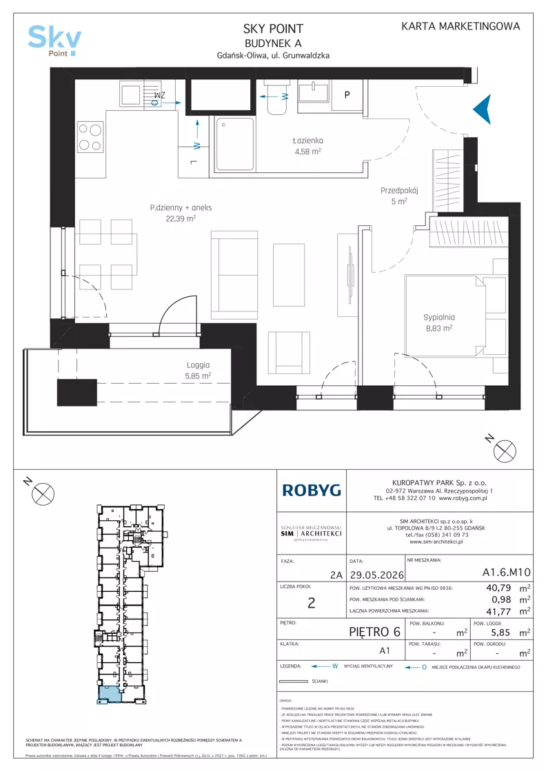 2 pokoje, apartament inwestycyjny 40,79 m², piętro 6, oferta nr A1.6M10, Sky Point - Apartamenty Inwestycyjne, Gdańsk, Oliwa, Zaspa-Rozstaje, al. Grunwaldzka