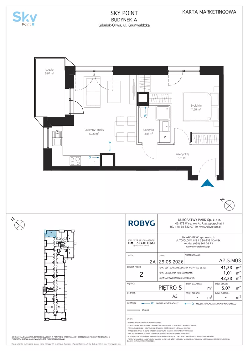 2 pokoje, apartament inwestycyjny 41,53 m², piętro 5, oferta nr A2.5M03, Sky Point - Apartamenty Inwestycyjne, Gdańsk, Oliwa, Zaspa-Rozstaje, al. Grunwaldzka