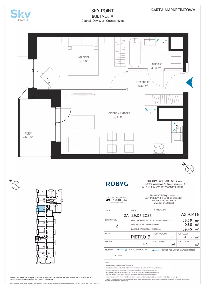 2 pokoje, apartament inwestycyjny 38,59 m², piętro 9, oferta nr A2.9M16, Sky Point - Apartamenty Inwestycyjne, Gdańsk, Oliwa, Zaspa-Rozstaje, al. Grunwaldzka