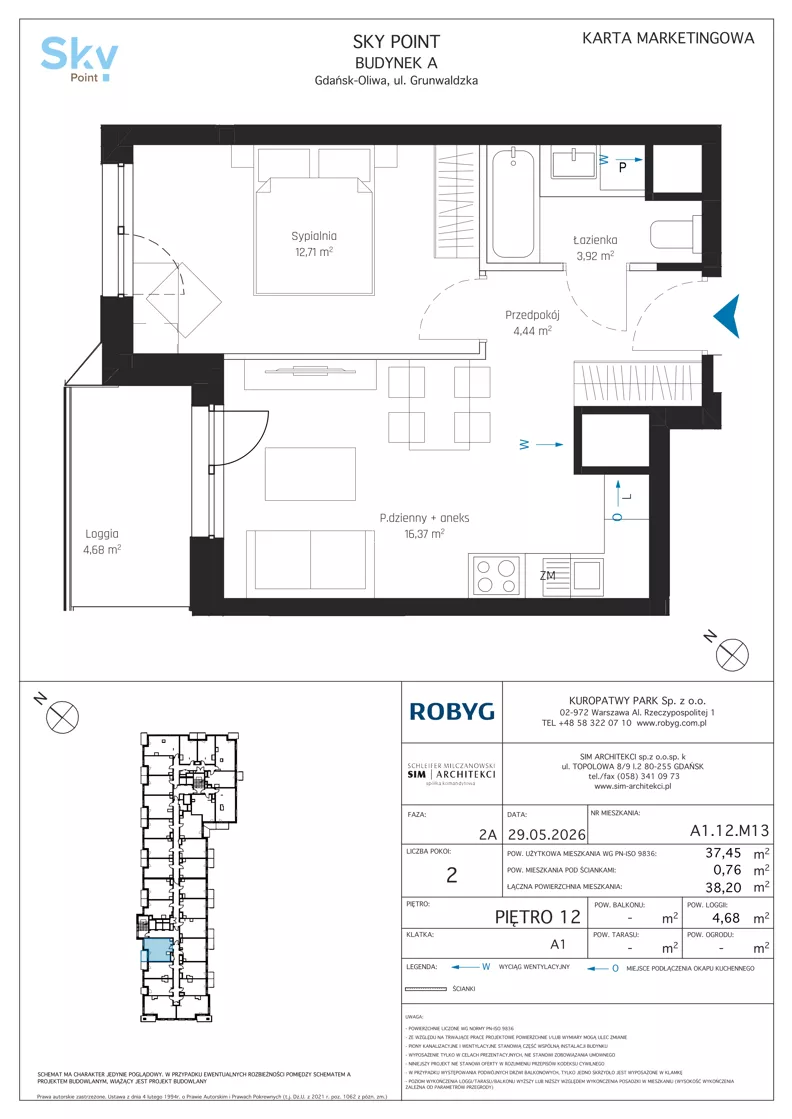 2 pokoje, apartament inwestycyjny 37,45 m², piętro 12, oferta nr A1.12M13, Sky Point - Apartamenty Inwestycyjne, Gdańsk, Oliwa, Zaspa-Rozstaje, al. Grunwaldzka