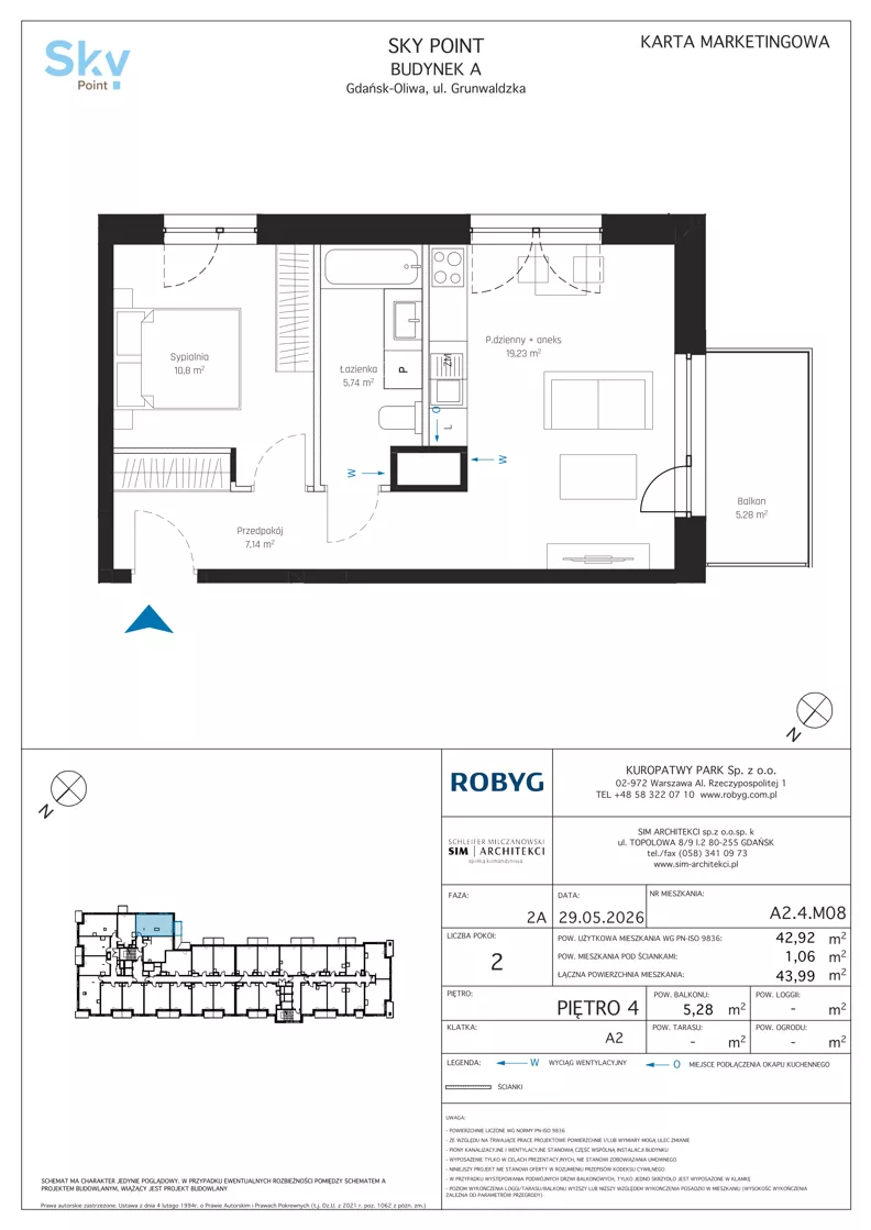 2 pokoje, apartament inwestycyjny 42,92 m², piętro 4, oferta nr A2.4M08, Sky Point - Apartamenty Inwestycyjne, Gdańsk, Oliwa, Zaspa-Rozstaje, al. Grunwaldzka