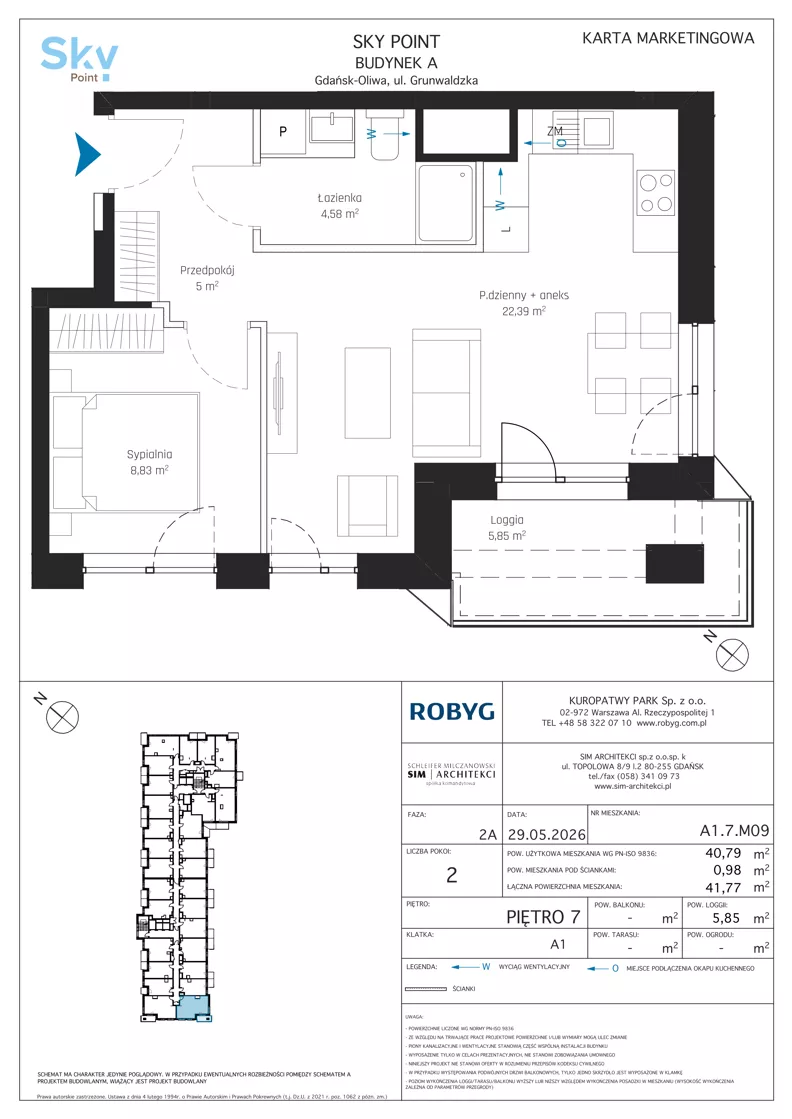 2 pokoje, apartament inwestycyjny 40,79 m², piętro 7, oferta nr A1.7M09, Sky Point - Apartamenty Inwestycyjne, Gdańsk, Oliwa, Zaspa-Rozstaje, al. Grunwaldzka