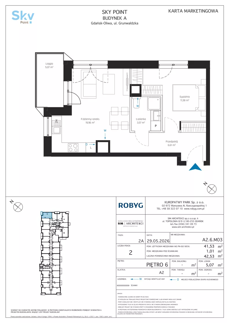 2 pokoje, apartament inwestycyjny 41,53 m², piętro 6, oferta nr A2.6M03, Sky Point - Apartamenty Inwestycyjne, Gdańsk, Oliwa, Zaspa-Rozstaje, al. Grunwaldzka