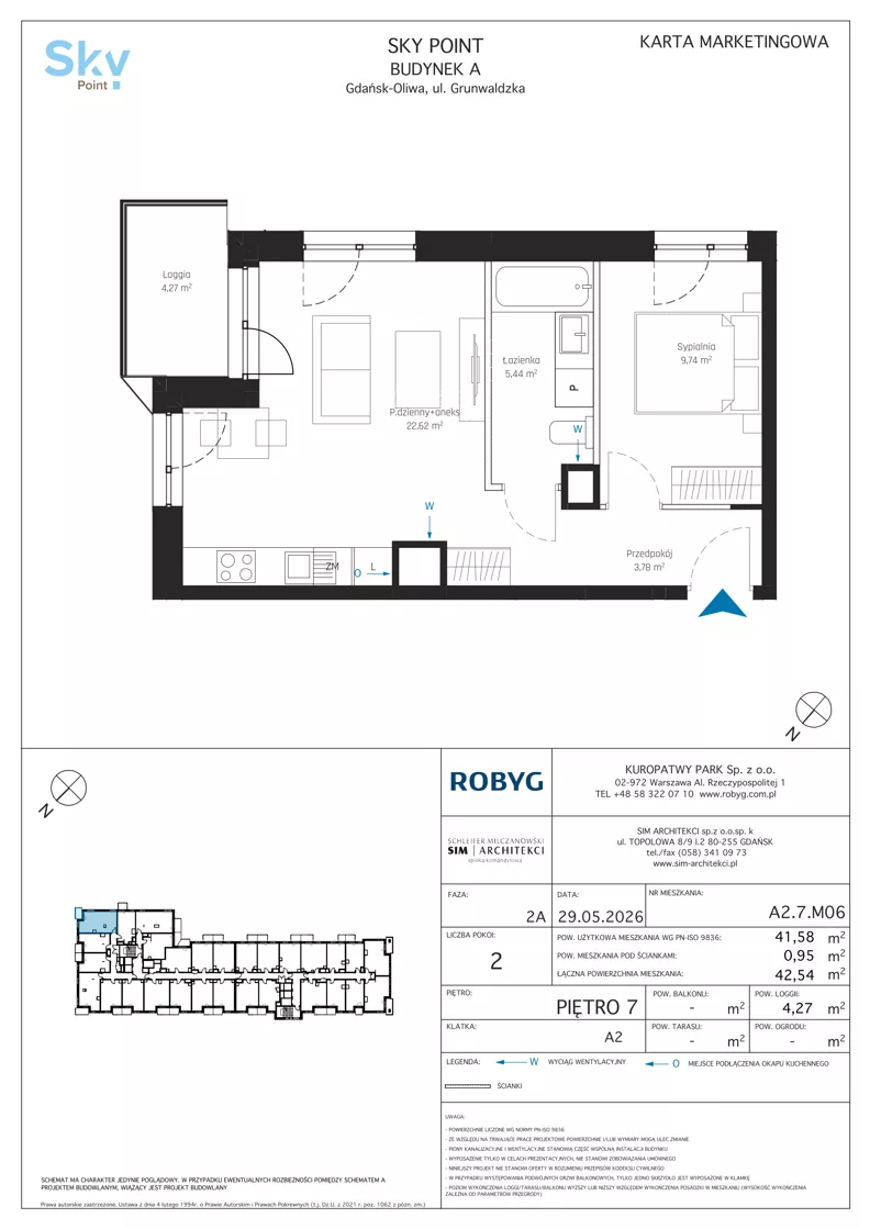 2 pokoje, apartament inwestycyjny 41,58 m², piętro 7, oferta nr A2.7M06, Sky Point - Apartamenty Inwestycyjne, Gdańsk, Oliwa, Zaspa-Rozstaje, al. Grunwaldzka