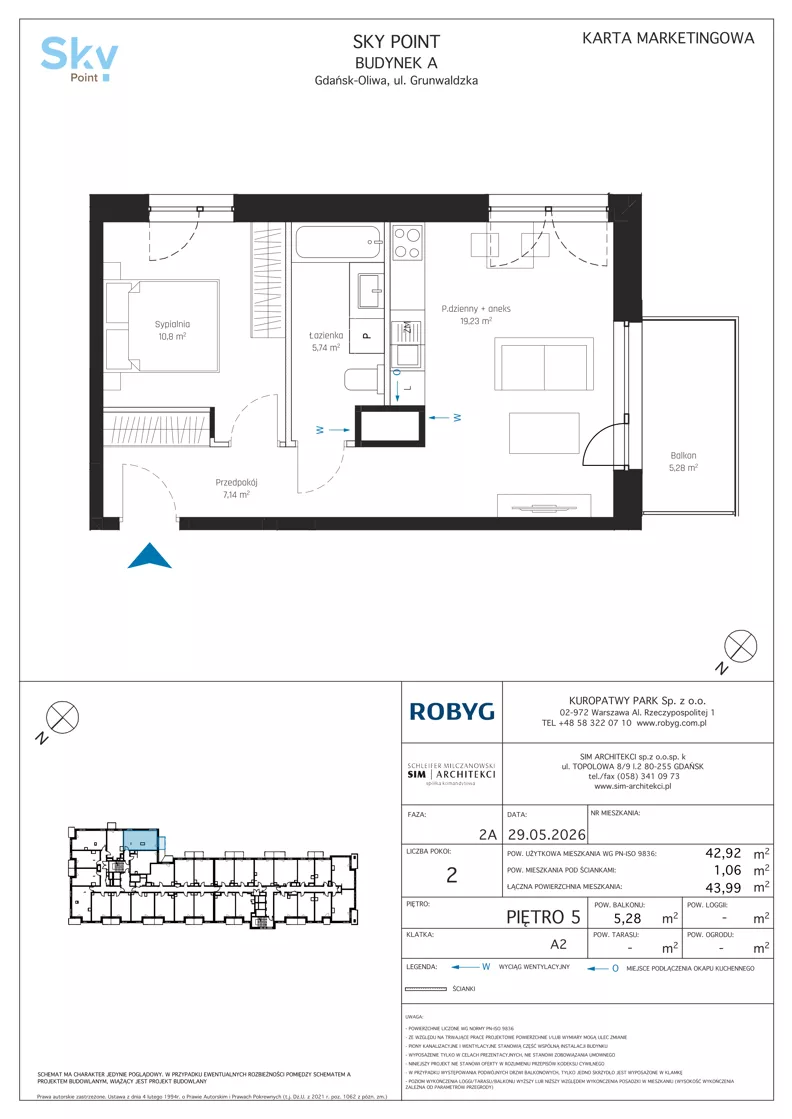 2 pokoje, apartament inwestycyjny 42,92 m², piętro 5, oferta nr A2.5M08, Sky Point - Apartamenty Inwestycyjne, Gdańsk, Oliwa, Zaspa-Rozstaje, al. Grunwaldzka