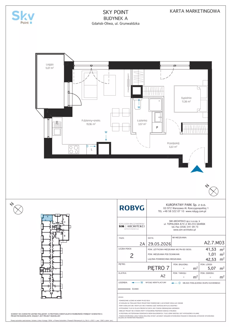 2 pokoje, apartament inwestycyjny 41,53 m², piętro 7, oferta nr A2.7M03, Sky Point - Apartamenty Inwestycyjne, Gdańsk, Oliwa, Zaspa-Rozstaje, al. Grunwaldzka