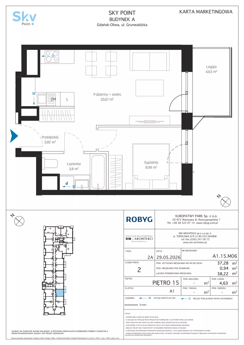 2 pokoje, apartament inwestycyjny 37,28 m², piętro 15, oferta nr A1.15M06, Sky Point - Apartamenty Inwestycyjne, Gdańsk, Oliwa, Zaspa-Rozstaje, al. Grunwaldzka