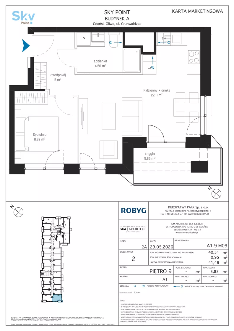 2 pokoje, apartament inwestycyjny 40,51 m², piętro 9, oferta nr A1.9M09, Sky Point - Apartamenty Inwestycyjne, Gdańsk, Oliwa, Zaspa-Rozstaje, al. Grunwaldzka