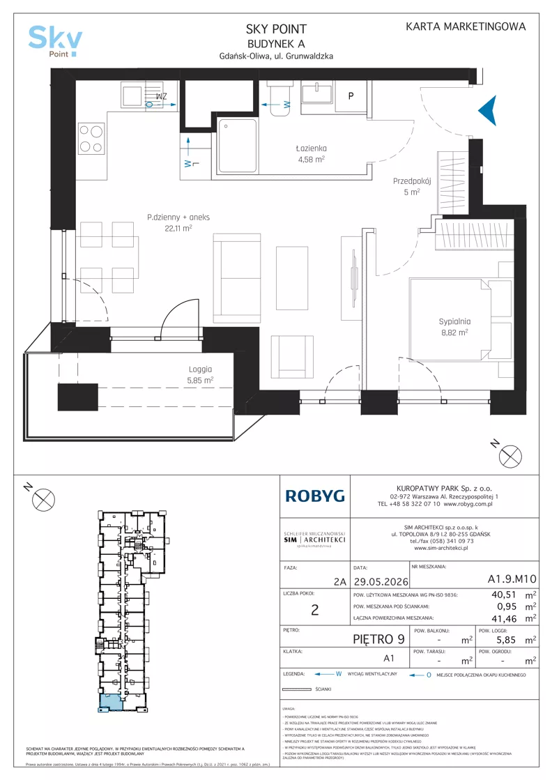 2 pokoje, apartament inwestycyjny 40,51 m², piętro 9, oferta nr A1.9M10, Sky Point - Apartamenty Inwestycyjne, Gdańsk, Oliwa, Zaspa-Rozstaje, al. Grunwaldzka