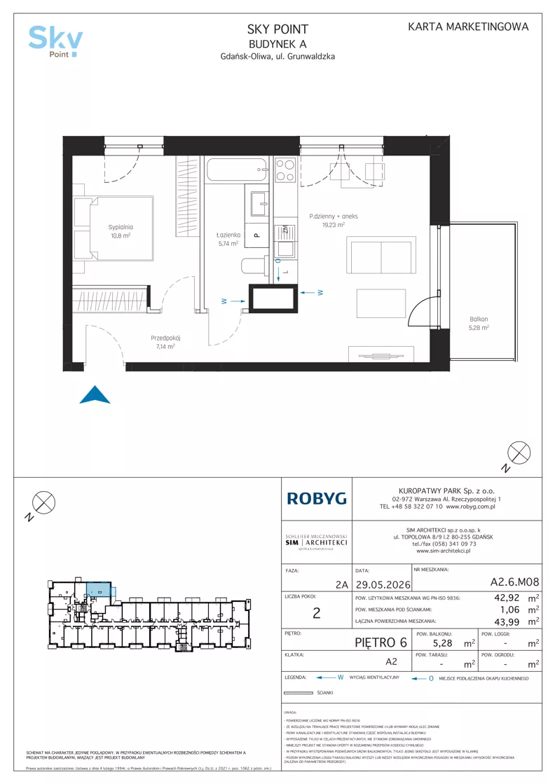 2 pokoje, apartament inwestycyjny 42,92 m², piętro 6, oferta nr A2.6M08, Sky Point - Apartamenty Inwestycyjne, Gdańsk, Oliwa, Zaspa-Rozstaje, al. Grunwaldzka