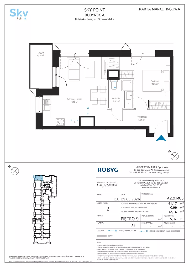 2 pokoje, apartament inwestycyjny 41,17 m², piętro 9, oferta nr A2.9M03, Sky Point - Apartamenty Inwestycyjne, Gdańsk, Oliwa, Zaspa-Rozstaje, al. Grunwaldzka