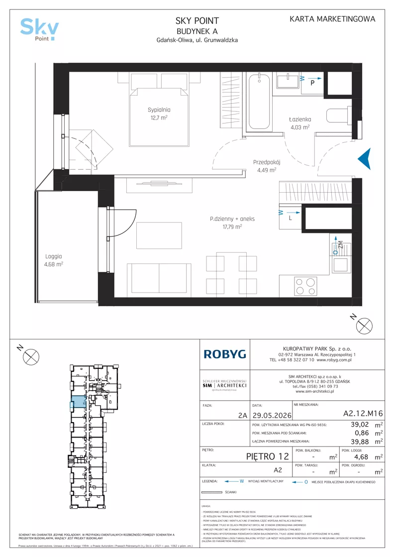 2 pokoje, apartament inwestycyjny 39,02 m², piętro 12, oferta nr A2.12M16, Sky Point - Apartamenty Inwestycyjne, Gdańsk, Oliwa, Zaspa-Rozstaje, al. Grunwaldzka