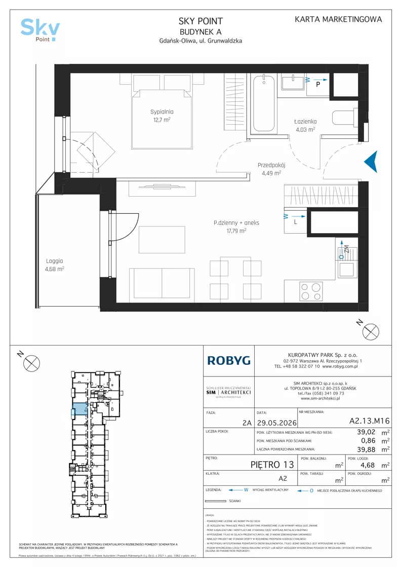 2 pokoje, apartament inwestycyjny 39,02 m², piętro 13, oferta nr A2.13M16, Sky Point - Apartamenty Inwestycyjne, Gdańsk, Oliwa, Zaspa-Rozstaje, al. Grunwaldzka