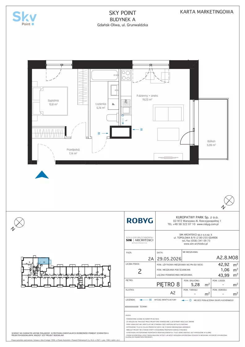 2 pokoje, apartament inwestycyjny 42,92 m², piętro 8, oferta nr A2.8M08, Sky Point - Apartamenty Inwestycyjne, Gdańsk, Oliwa, Zaspa-Rozstaje, al. Grunwaldzka