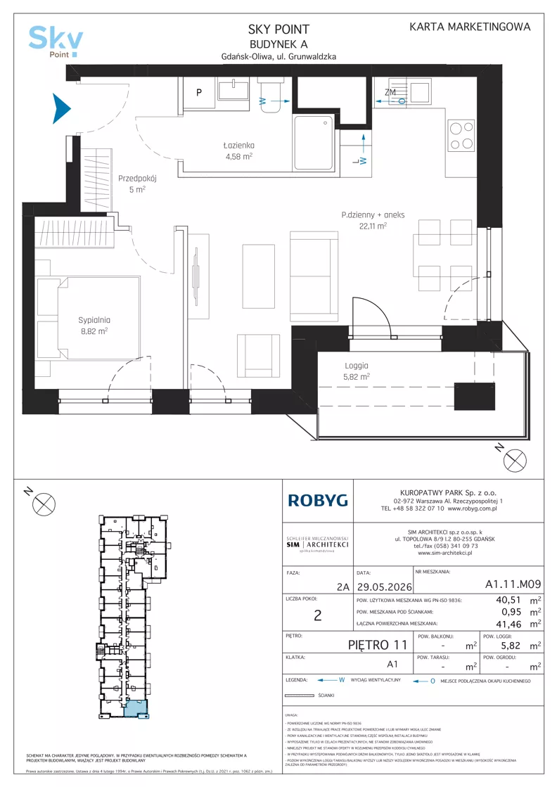 2 pokoje, apartament inwestycyjny 40,51 m², piętro 11, oferta nr A1.11M09, Sky Point - Apartamenty Inwestycyjne, Gdańsk, Oliwa, Zaspa-Rozstaje, al. Grunwaldzka