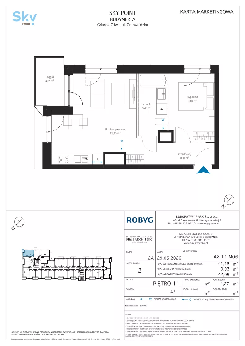 2 pokoje, apartament inwestycyjny 41,15 m², piętro 11, oferta nr A2.11M06, Sky Point - Apartamenty Inwestycyjne, Gdańsk, Oliwa, Zaspa-Rozstaje, al. Grunwaldzka