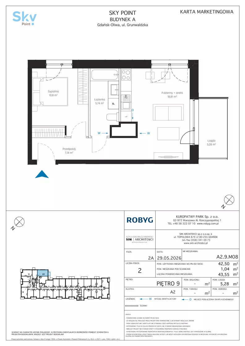 2 pokoje, apartament inwestycyjny 42,50 m², piętro 9, oferta nr A2.9M08, Sky Point - Apartamenty Inwestycyjne, Gdańsk, Oliwa, Zaspa-Rozstaje, al. Grunwaldzka