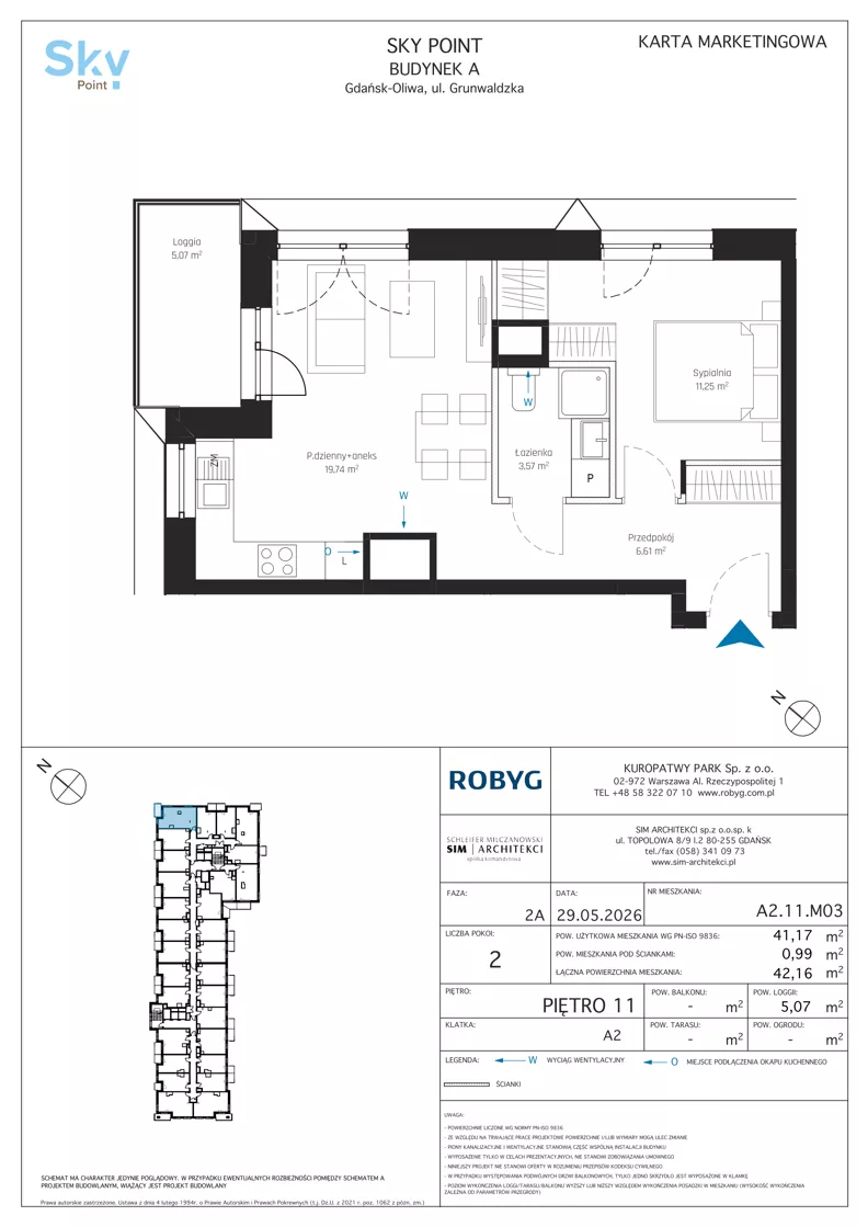 2 pokoje, apartament inwestycyjny 41,17 m², piętro 11, oferta nr A2.11M03, Sky Point - Apartamenty Inwestycyjne, Gdańsk, Oliwa, Zaspa-Rozstaje, al. Grunwaldzka
