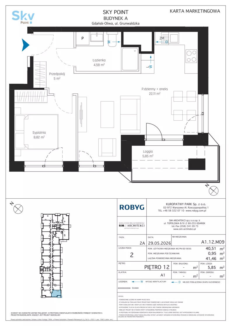 2 pokoje, apartament inwestycyjny 40,51 m², piętro 12, oferta nr A1.12M09, Sky Point - Apartamenty Inwestycyjne, Gdańsk, Oliwa, Zaspa-Rozstaje, al. Grunwaldzka